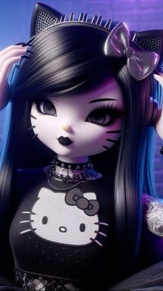 a girl with long black hair wearing a hello kitty shirt and headphones on her ears