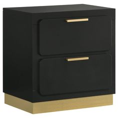 a black and gold nightstand with two drawers on each side, one drawer open to show the