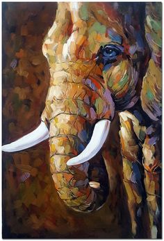 an elephant with tusks painted on it's face is shown in this painting