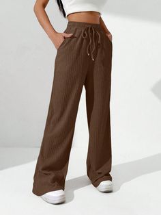 Brown Drawstring Waist Wide Leg Pants Coffee Brown Casual   Fabric Plain Wide Leg Medium Stretch  Women Clothing, size features are:Bust: ,Length: ,Sleeve Length: Brown Flowy Pants Outfit, Brown Summer Pants, Flowy Pants Outfit, Brown Cotton Pants, Cotton Pants Women, Pocket Sweatpants, Flowy Pants, Brown Pants, Summer Pants