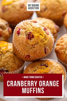 cranberry orange muffins on a white plate with the title overlay