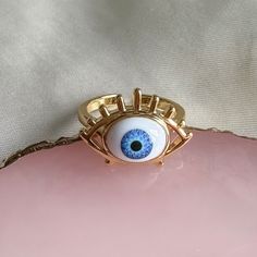 Copper Ring  Gold Plated Adjustable Back Blue Eye Design Blue Open Ring Metal Jewelry, Nickel Free Blue Metal Rings, Blue Metal Open Ring Jewelry, Nickel-free Blue Metal Rings, Trendy Handmade Blue Ring, Trendy Handmade Blue Rings, Blue Metal Rings As A Gift, Blue Metal Ring As Gift, Blue Open Ring Metal Ring