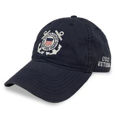 Show your Coast Guard Vet they rock with this great Coast Guard Seal Veteran Hat in navy100% CottonRelaxed twill hatFabric strap with brass slide buckle in backEmbroidered "USCG Veteran" and Coast Guard Seal logo design