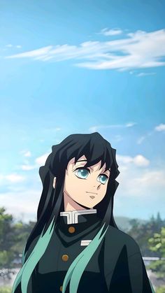 an anime character with long black hair and blue eyes standing in front of the sky