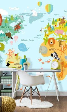 children's daycare wallpaper Childrens Bedroom Wallpaper, Kindergarten Wallpaper, Kids World Map, Blue World, Animal Mural, School Murals, Room Wall Painting, Custom Wall Murals, Kids Room Wall Decor