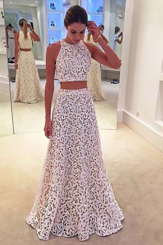 White Lace Prom Dress, Chic Prom Dresses, Prom Dresses Long Lace, Lace Evening Gowns, Dress With Pleats, Long Prom Gowns, Prom Dresses Two Piece, Prom Dresses Sleeveless, White Prom Dress