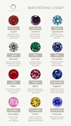 Gemstone birthstones by month and their meanings. Birthstone chart for every month of the year - Garnet, Amethyst, Aquamarine, Diamond, Emerald, Alexandrite, Ruby, Spinel, Sapphire, Tourmaline, Citrine and Tanzanite Korean Jewellery, Birth Stones Chart, Birth Stones, Gemstones Chart, Silver Ruby Ring, Birthstones By Month, Ruby Earrings Studs, Emerald Green Earrings, Ruby Ring Gold