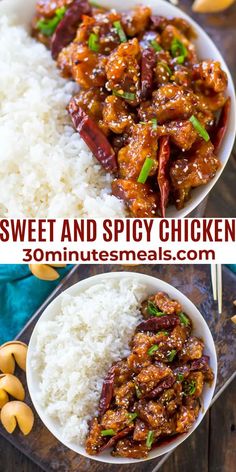 sweet and spicy chicken is served over rice with cashews