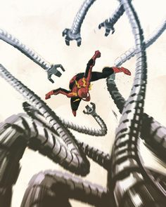 a man flying through the air while riding on top of a spider - man figure