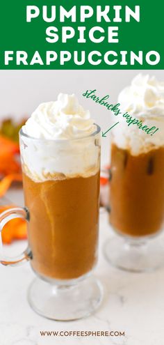 pumpkin spice frappuccino in two mugs with whipped cream on the top