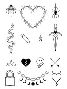 various tattoo designs and symbols are shown in black and white, with the word love written on