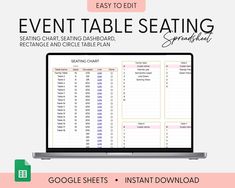 an event seating chart on a laptop with the text, easy to edit and printable