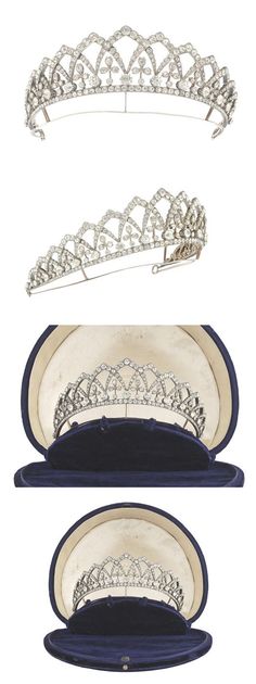 A belle epoque 'paste' tiara, from 1880. Designed as multiple 'diamond' arches, with 'diamond' quartrefoils within them. Sold by Bonhams on 24th November 2014 for £4,750. Pretty Tiaras, Victorian Tiara, Historical Jewellery