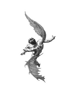 a black and white drawing of a demon flying through the air with its wings spread