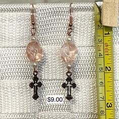 Nwot Beautiful Pink And Silver Cross Hanging Earrings Silver Hypoallergenic Copper Earrings, Adjustable Costume Jewelry Earrings For Gift, Handmade Adjustable Metal Pearl Earrings, Copper Drop Earrings, Elegant Silver-colored Copper Hoop Earrings, Elegant Silver Hoop Earrings In Copper, Elegant Silver Hoop Earrings With Copper, Silver Teardrop Jewelry In Copper, Silver Teardrop Jewelry Made Of Copper