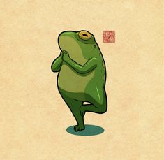 a green frog is standing with its legs crossed