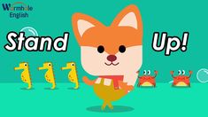 a cartoon dog is standing in front of the words stand up and two small crabs