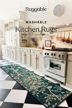 the kitchen rug is on the floor in front of the stove