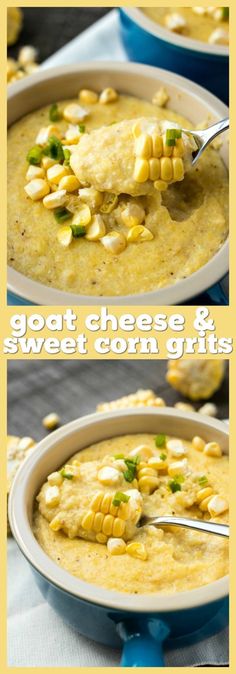 two pictures of corn on the cob soup with cheese and sweet corn grits