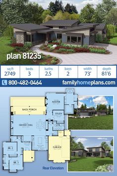 the floor plan for this modern home is shown in blue and white, with two story houses