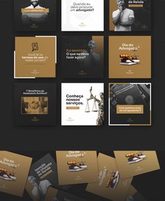 a bunch of different types of business cards with gold foil and black lettering on them