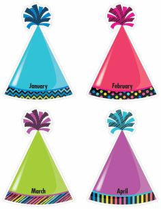 four party hats with the names of each month on them, including one for each child's birthday