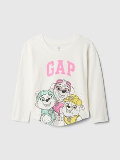 Soft cotton-blend graphic T-shirt.  Crewneck.  Long sleeves.  Gap arch logo and Paw Patrol graphics at front.  This T-shirt is made with 40% recycled polyester.  Compared to virgin materials, using recycled materials helps to reduce resource use and waste.  Straight, easy fit.  Hits at the hip.  Sizes range from baby to toddler. Gap Cotton T-shirt With Letter Print, Gap Cotton Tops With Logo Print, Gap Graphic Tee With Screen Print, Gap Graphic Print Crew Neck T-shirt, Gap Graphic Tee With Letter Print, Gap Graphic Print T-shirt, Gap Graphic Tee With Graphic Print, Gap Crew Neck Screen Print T-shirt, Gap Graphic Tee With Character Print