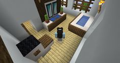 an aerial view of a living room and bedroom in the minecraft house with wood flooring