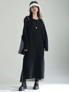 Casual Long Sleeves Loose Solid Color Round-Neck Sweater Dresses Casual Oversized Black Sweater Dress, Black Sweater Dress For Fall, Casual Long Black Sweater Dress, Black Long Casual Sweater Dress, Black Oversized Crew Neck Dress, Long Black Casual Sweater Dress, Oversized Black Dress With Crew Neck, Chic Long Black Sweater Dress, Black Long Sweater Dress For Spring