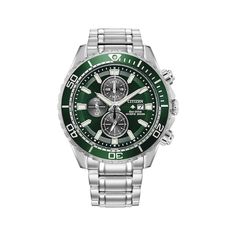 Wear this sporty timepiece from the Citizen Promaster Dive Collection in style—from office meetings to ocean adventures. Crafted in stainless steel, the 45mm case features a bold green dial, a green one-way rotating bezel, luminous hands and markers, impact- and shatter-resistant mineral crystal, 1/5-second chronograph measuring up to 60 minutes, 12/24-hour time and date function. The stainless steel bracelet secures with a push-button fold-over clasp. Citizen Eco-Drive® technology harnesses the Modern Green Chronograph Watch With Analog Display, Green Chronometer Watch Accessories With Round Dial, Modern Green Watch Accessories With Chronometer, Green Chronograph Watch With Tachymeter For Outdoor, Green Chronometer Watch With Round Dial, Green Tachymeter Watch With Round Dial, Modern Green Chronograph Watch With Tachymeter, Green Outdoor Watch With Chronometer, Green Automatic Chronograph Watch For Outdoor