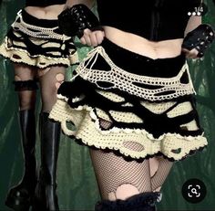 Alternative Crochet Ideas, Goth Crochet Patterns, Crochet Black And White, Woman In Black, Crochet Things, Crochet Skirt