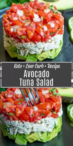 avocado tuna salad with tomatoes and cucumber on the side is shown