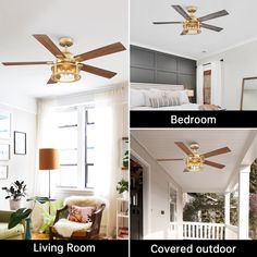 three pictures show the different types of ceiling fans in a bedroom, living room, and bedroom