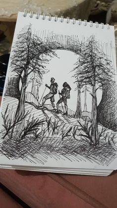 a drawing of two people walking in the woods