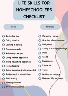 the life skills for homeschoolers checklist is shown in blue and pink