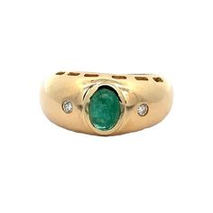 Vintage 18k Yellow Gold Oval Cabochon Emerald w/ Diamond  Accents Polished Dome Cocktail Ring Item Details Material: 17k-18k Yellow Gold Weight: 7.68 Grams Stone(s): (1) Natural Genuine Emerald - Oval Cabochon Cut - Bezel Set - Light to Medium Green Color - 6.7x5mm (approx.) - 0.85ct (approx.) (2) Natural Genuine Diamonds - Round Brilliant Cut - Burnish Set - H Color - SI1 Clarity - 0.06ctw (approx.) Ring Size: 7.0 (fitted on finger, please contact us prior to purchase for sizing inquiries.) Ring Width: 10.7 mm (0.42") (top of the ring - north to south), 3.9mm (bottom of the shank) Ring Height: 7.18mm rise off the finger Condition: Vintage ring in excellent condition! Stock Number: JO-23045231-UNC-EY Size and Weight Comparison Info Object: Quarter Penny Dime Diameter: 24.25mm 19.10mm 17.90 Luxury Gold Emerald Ring With Oval Cabochon, 14k Yellow Gold Emerald Ring Oval Cabochon, Luxury Oval Cabochon Emerald Ring, Luxury Gold Oval Cabochon Emerald Ring, Luxury Polished Emerald Ring, Oval Cabochon, Antique Jewelry Rings, Oval Cabochon, Quality Jewelry, Cocktail Rings