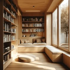 a living room filled with lots of wooden furniture and bookshelves next to large windows