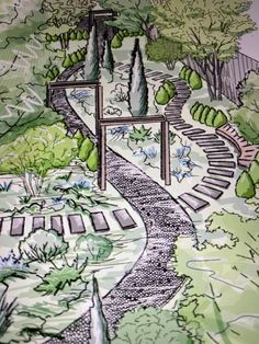 a drawing of a train track with trees and bushes in the foreground is shown