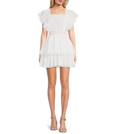 Lace Square Neck Short Flutter Sleeve Tiered Mini Dress | Dillard's Short Sleeve Mini Dress With Lace Sleeves For Brunch, Summer Mini Dress With Lace Short Sleeves, Chic Dress With Lace Sleeves And Square Neck, Chic Square Neck Dress With Lace Sleeves, Chic Lace Dresses With Flutter Sleeves, Chic Square Neck Dress With Lace Trim, Chic Mini Dress With Lace Trim And Short Sleeves, Fitted Dresses With Lace Trim And Flutter Sleeve, Feminine Ruffled Cap Sleeve Dresses