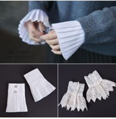 four pictures showing how to make lace gloves