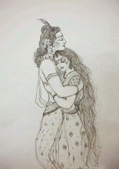 a pencil drawing of two women hugging each other with their arms around one another while the woman's hair is blowing in the wind