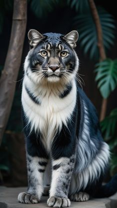 a large black and white cat sitting on top of a wooden floor next to trees