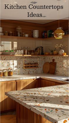 the kitchen countertops are covered in many different patterns and colors, including white or brown