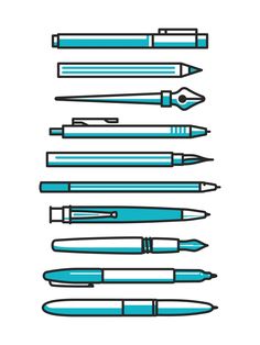 a set of different types of pens and pencils on a white background with blue ink