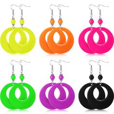 PRICES MAY VARY. 6 Different Color Sets: in order to cater to various theme parties, such as 80's theme party, there are 6 different color sets of earrings for your selection, including rose red, black, fluorescent green, yellow, orange and purple Suitable Size: the neon earrings size is suitable for most girls and women, you can wear the earrings to work, attend parties, go to school, travel, have dates and go shopping Quality Material: this circular earring is mainly made of quality plastic, s Trendy Neon Jewelry For Party, Fun Plastic Jewelry For Party, Fun Plastic Party Jewelry, 80's Theme Party, 80's Theme, Neon Accessories, 80s Outfit, Earrings Colorful, Glow Party