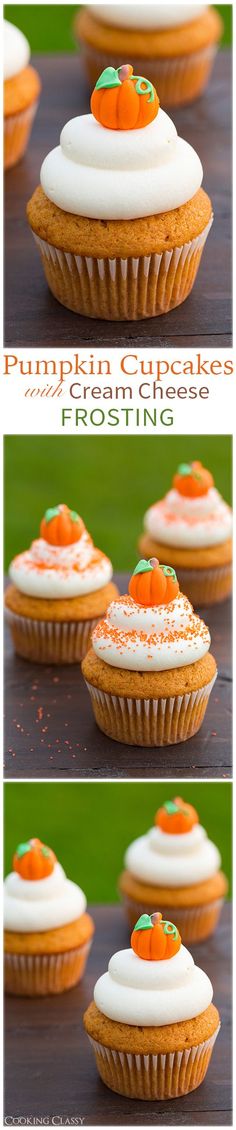 pumpkin cupcakes with cream cheese frosting and sprinkles on top