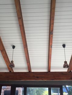 the inside of a house with exposed wood beams and two lights on each side of the door