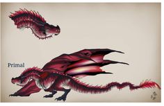 two red and black dragon drawings on a white background with the words primal written below them