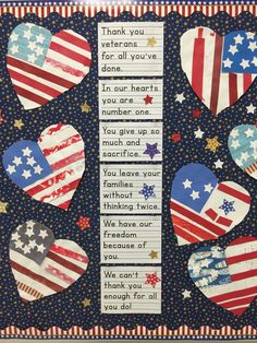 an american flag themed bulletin board with hearts and stars