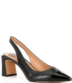 From Vince Camuto&#x2C; The Hamden Leather Cap Toe Slingback Pumps features:Leather upperPointed cap toeSlip on with gored sling strapSynthetic liningRubber outsoleApprox. 2.6" heel heightImported. Black Cap Toe Heels For Spring, Black Leather Slingback Pumps, Fitted Black Leather Slingback Pumps, Fitted Leather Slingback Pumps With Round Toe, Leather Cap, Slingback Pump, Dillard's, Designer Wear, Office Wear